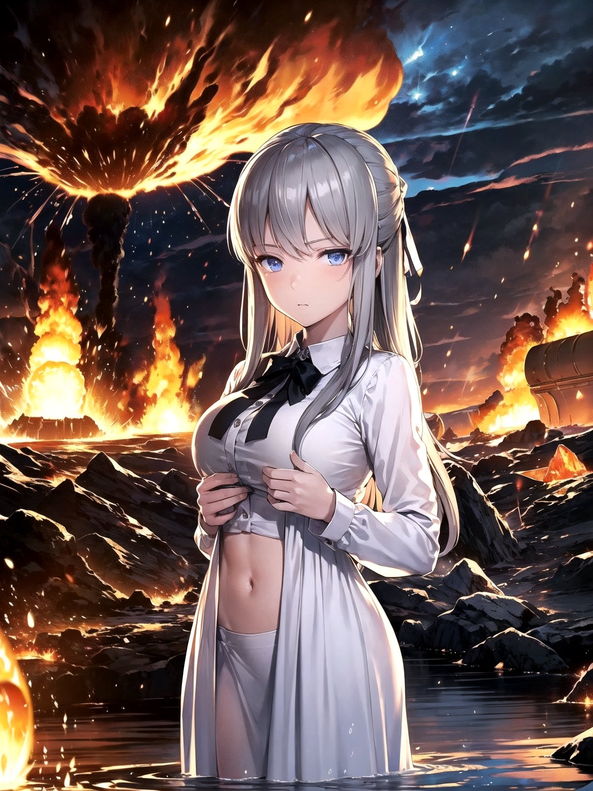 (((masterpiece))),best quality, illustration,(beautiful detailed girl),beautiful detailed glow,((flames of war)),(((nuclear explosion behide))),rain,detailed lighting,detailed water,(beautiful detailed eyes),expressionless,palace,azure hair,disheveled hair,long bangs,hairs between eyes,(whitegrey dress),black ribbon,white bowties,midriff,big forhead,blank stare,flower,long sleeves