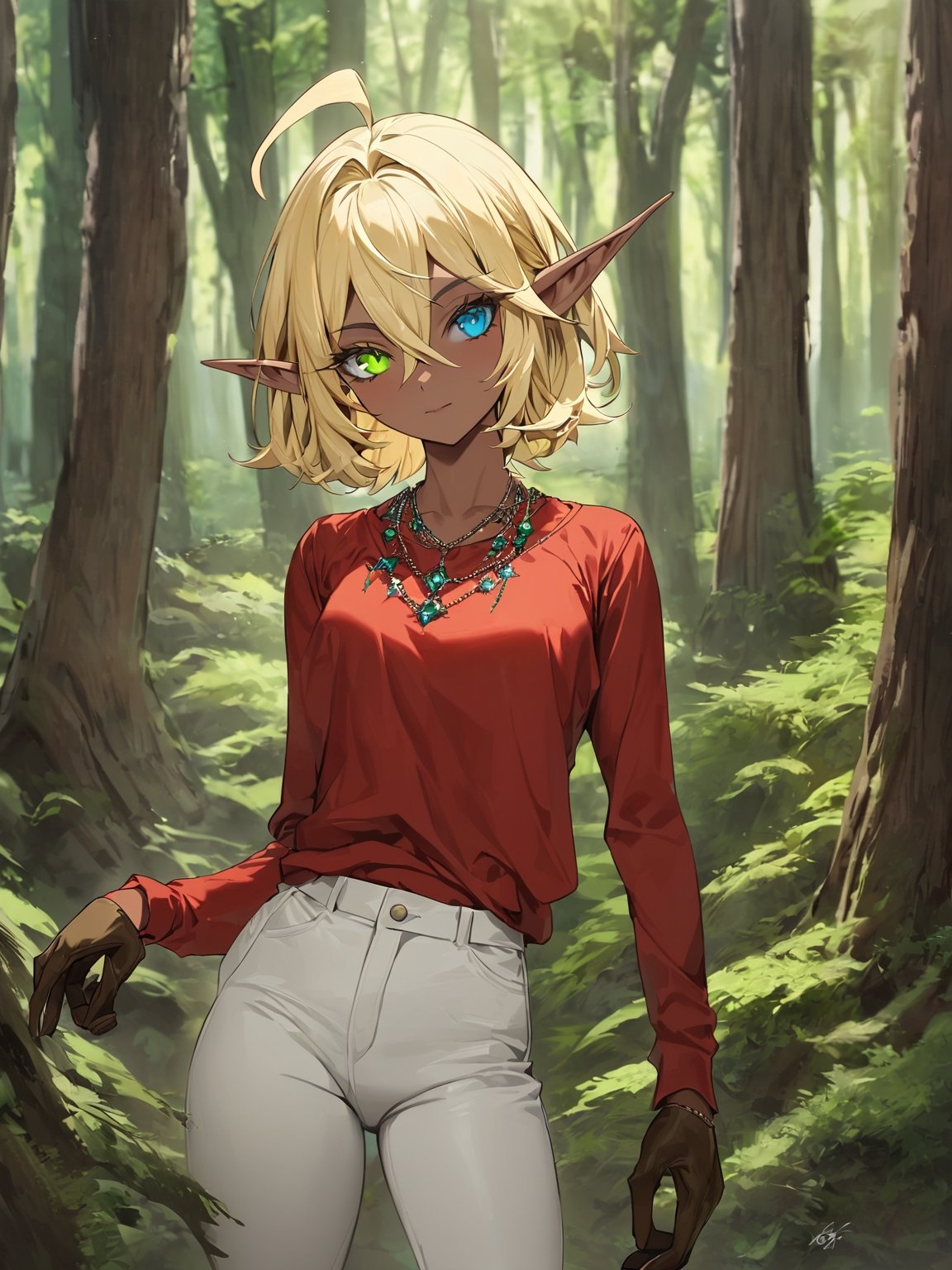 //Quality,
masterpiece, best quality, detailed
,//Character,
solo,Aura Bella Fiora \(overlord\), 1girl, short hair, blonde hair, hair between eyes, blue eyes, green eyes, heterochromia, pointy ears, dark skin, elf, ahoge
,//Fashion,
red shirt, long sleeves, brown gloves, necklace, white vest, white pants, brown footwear
,//Background,
forest
,//Others,