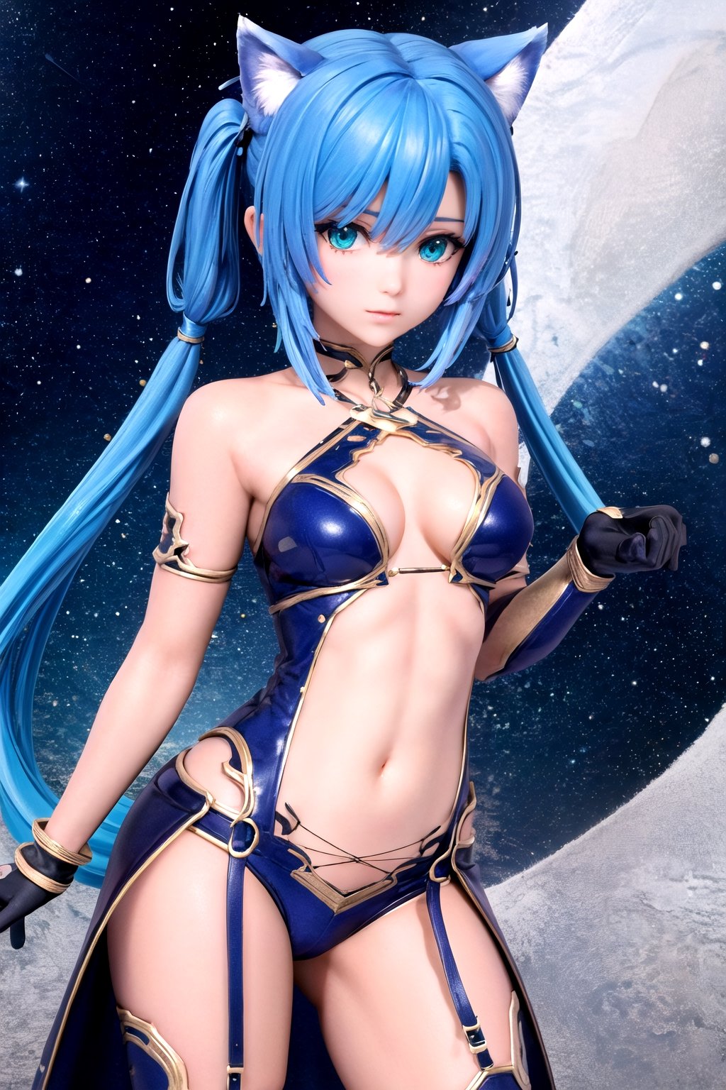 //Quality, masterpiece, best quality, detailmaster2, 8k, 8k UHD, ultra-high resolution, ultra-high definition, highres, 
//Character, 1girl, solo,MeracleChamlotte_SO4 cat_girl,blue_hair twintails green_eyes,
//Fashion, ,navel gloves thighhighs,
//Background, white background, 
//Others, 