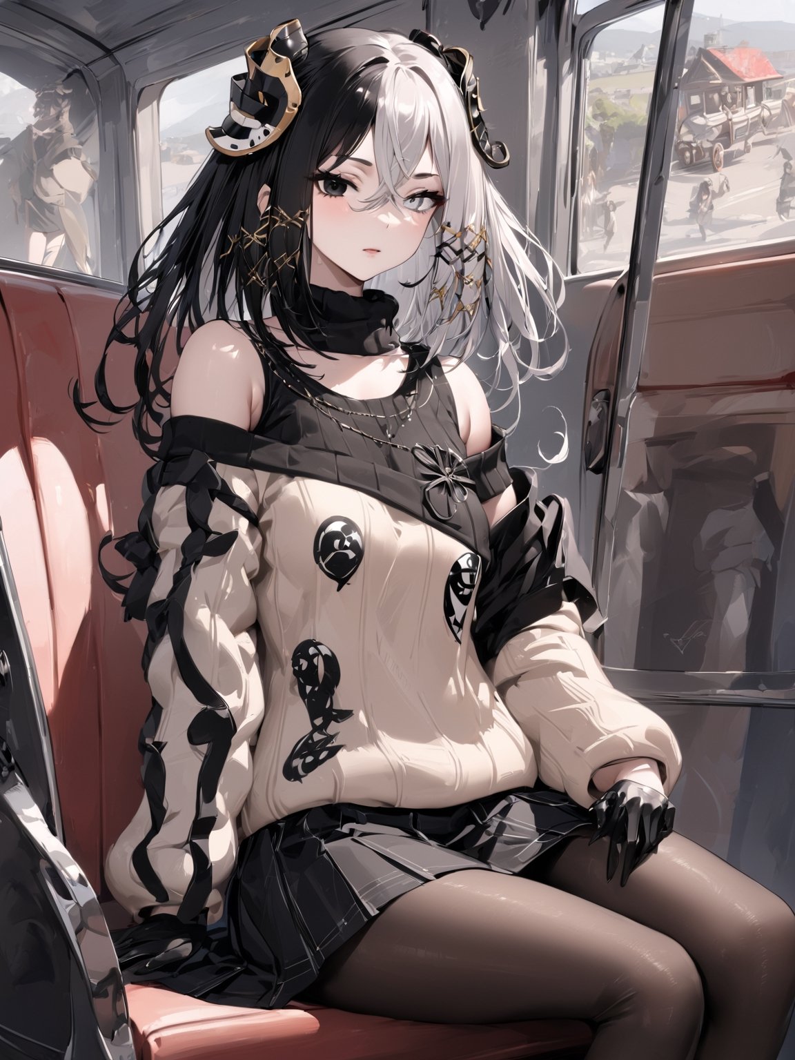 //Quality,
masterpiece, best quality, detailed
,//Character,
,Antilene_Heran_Fouche \(overlord\), 1girl, solo, black eyes, grey eyes, heterochromia, two-tone hair,  hair between eyes, bangs
,//Fashion,
hair ornament, long sleeves, bare shoulder, gloves, sweater, skirt, pantyhose
,//Background,
View the scenery from the carriage window
,//Others,
sitting