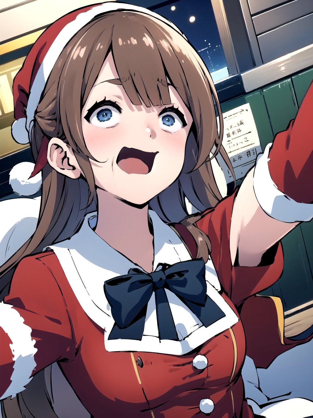 //Quality,
(masterpiece), (best quality), 8k illustration,
//Character,
1girl, solo, smile, 
//Fashion,
santa_costume,
//Background,
indoors, christmas, 
//Others,
aquascreaming,1girl matsushita swept bangs brown hair
