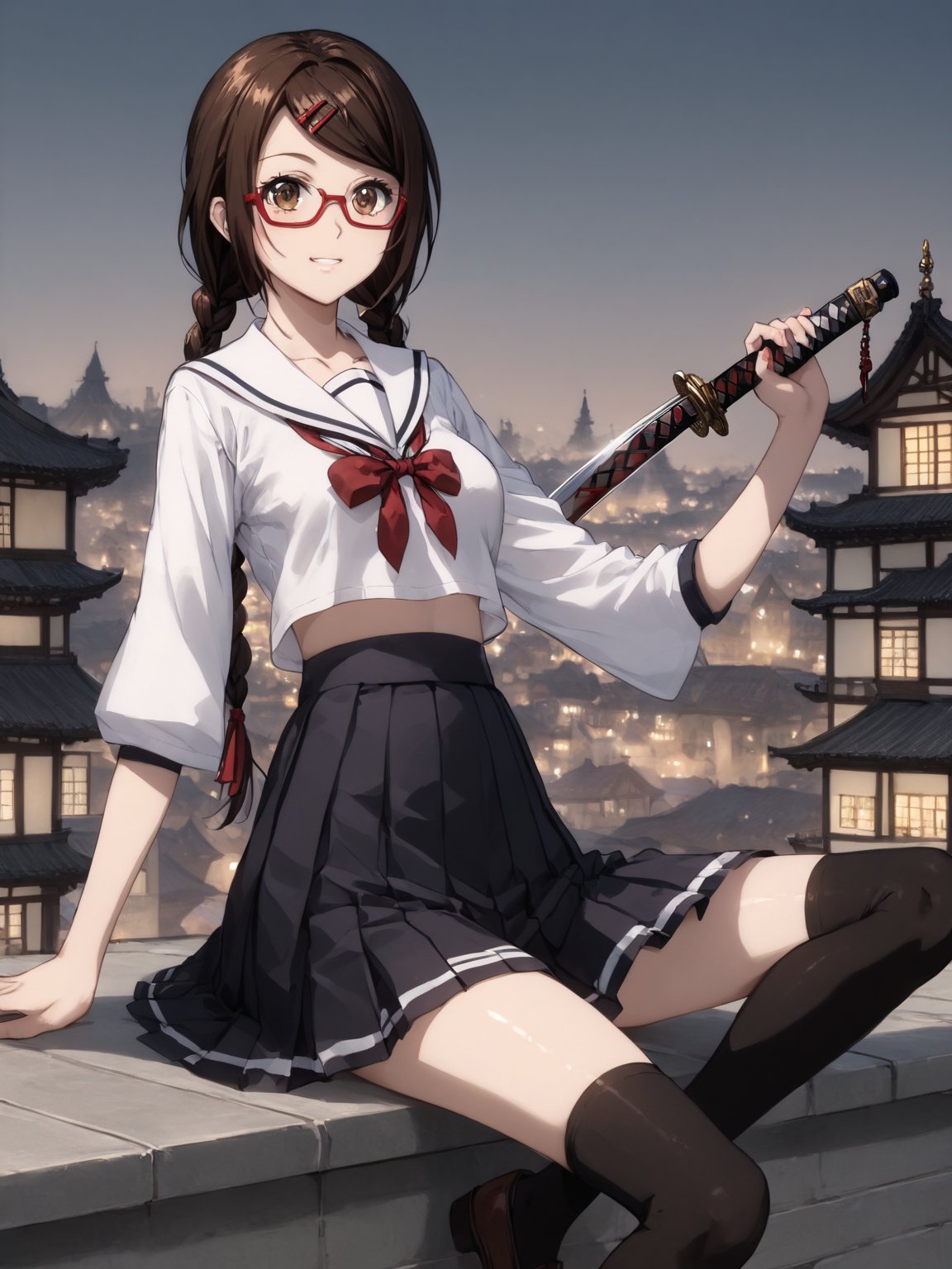 masterpiece, best quality, highres
,//Character, 
1girl, solo,SakimiyaMisaki, brown hair, twin braids, brown eyes, glasses, red-framed eyewear
,//Fashion, 
school uniform, hair ornament, hairclip, pleated skirt, black thighhighs
,//Background, 
,//Others, ,Expressiveh, 
A twin-tailed assassin girl perched on a rooftop, observing a medieval fantasy city at night.,Samurai_Girl, weapon, holding_weapon