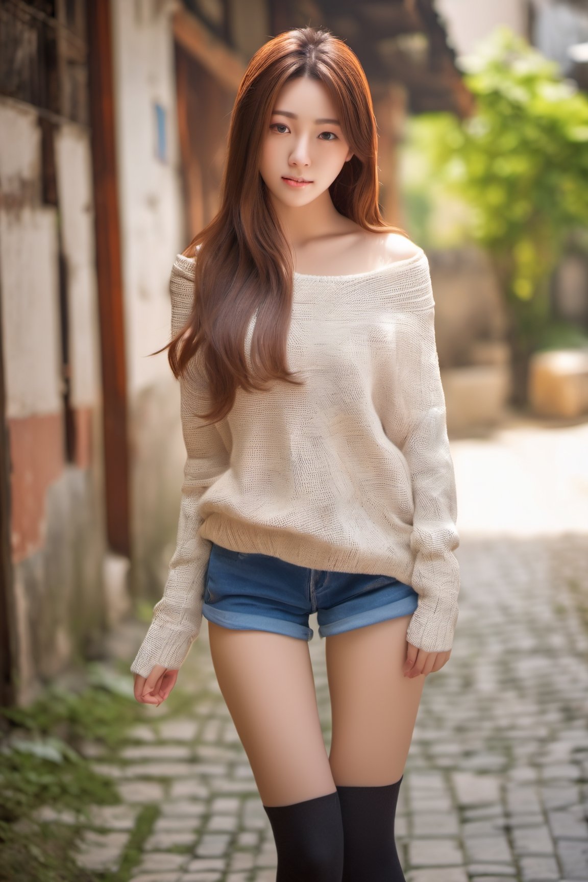 photorealistic, raw photo, best quality, ultra detailed, masterpiece, virgin killer sweater, 1girl, solo, long hair, medium breasts, walking, outdoor, alley, sleeveless, no pants, sideboob, brown hair, ponytail, adorable young girl, alluring face, detailed skin, pore, detailed background, inticate detailed, depth of field, low key, from_below, perfect female body, korean idol style
,p3rfect boobs,cutegirlmix, large_breasts