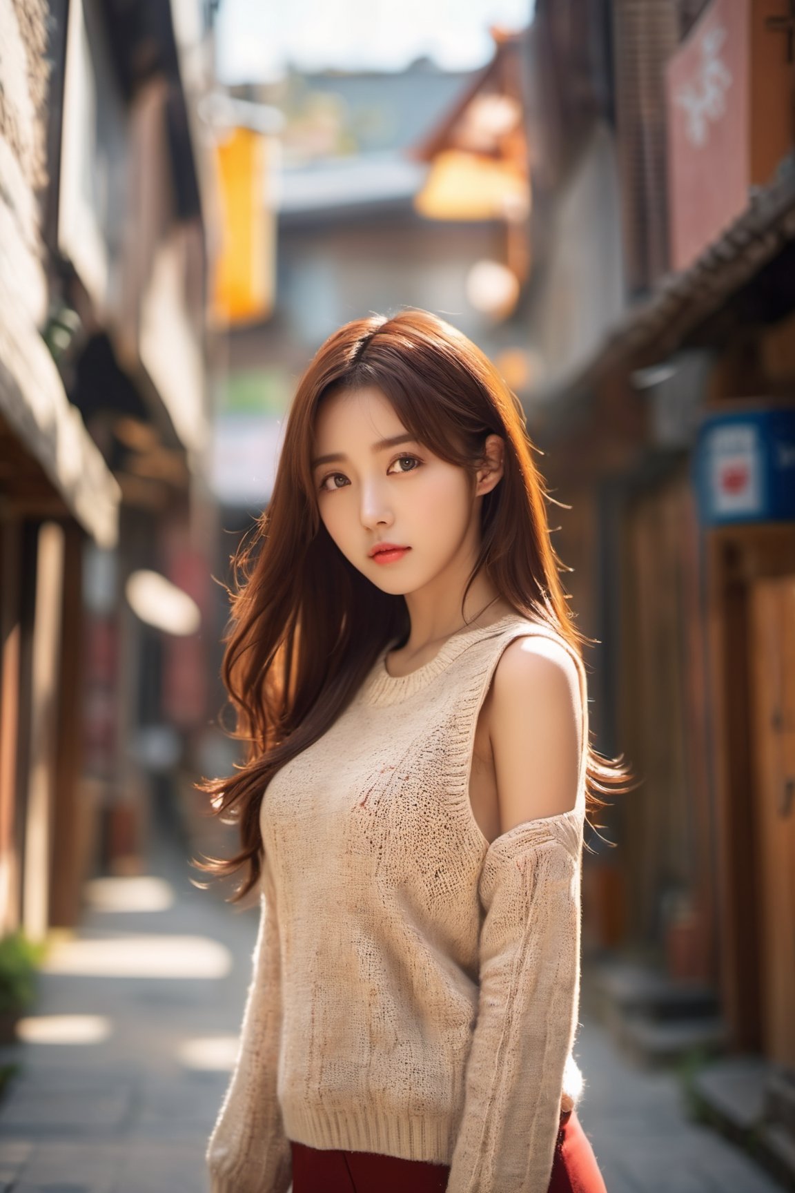 photorealistic, raw photo, best quality, ultra detailed, masterpiece, virgin killer sweater, 1girl, solo, long hair, walking, outdoor, alley, sleeveless, no pants, sideboob, brown hair, adorable young girl, alluring face, detailed skin, pore, detailed background, inticate detailed, depth of field, low key, from_below, perfect female body, korean idol style
,p3rfect boobs,cutegirlmix, large_breasts,LinkGirl