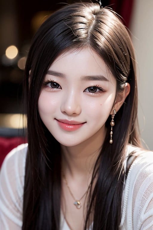 20 year old korean girl, k-pop idol style, beautiful face, smile, attractive