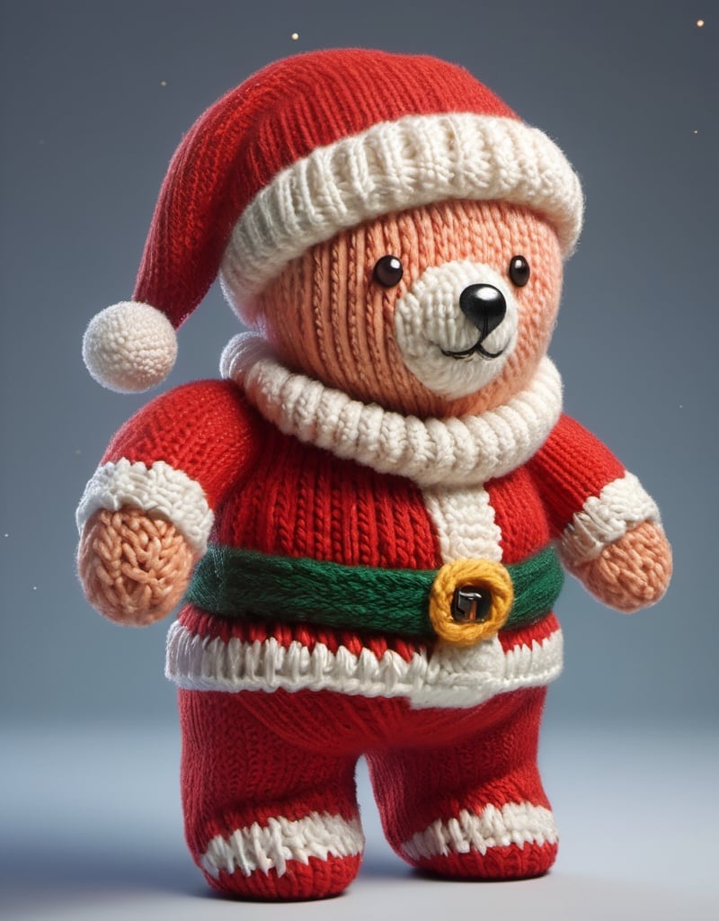 a detailed view photo of a cute Santa Claus bear made of knitting,((isolated on a plain night background)),hyper detailed, trending on artstation, sharp focus, studio photo,8K,masterpiece,best quality,high resolution,aesthetic portrait,ral-chrcrts,christmas,sweetscape