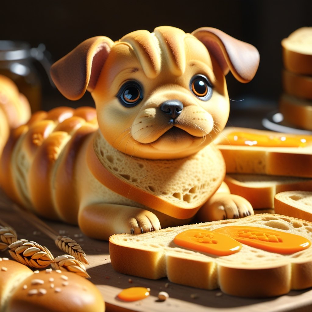 ultra detailed 8k cg,  a puppy made of bread,animal shaped bread,Digital painting ,detailmaster2,photograph_(object)