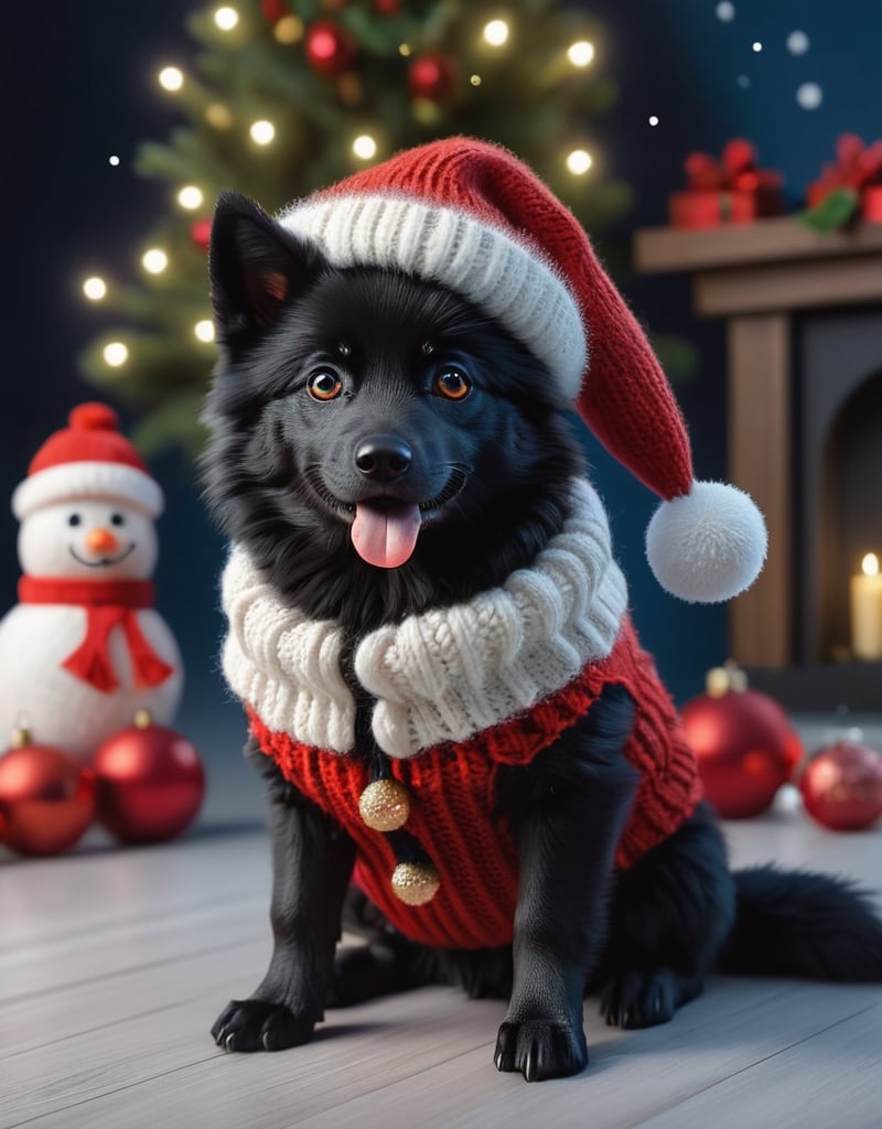 a detailed view photo of a cute Santa Claus black wolf dog made of knitting,Tongue out,((dog looking at viewer,isolated on a plain night background)),snowman on the floor, hyper detailed, trending on artstation, sharp focus, studio photo,8K,masterpiece,best quality,high resolution,aesthetic portrait,ral-chrcrts,christmas,sweetscape