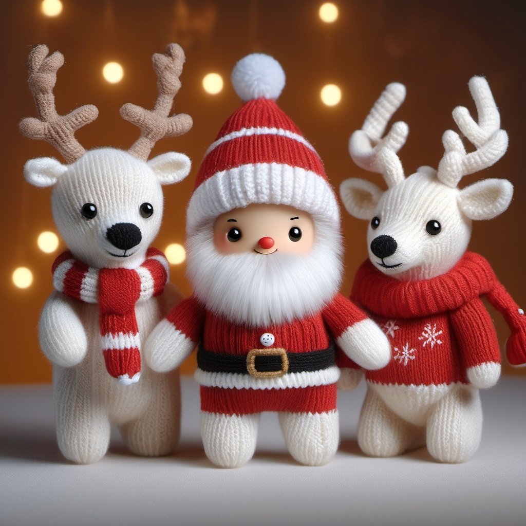 a detailed view photo of a cute Santa Claus man and a cute polar bear and a cute deer made of knitting,((isolated on a plain night background,3 characters)),hyper detailed, trending on artstation, sharp focus, studio photo,8K,masterpiece,best quality,high resolution,aesthetic portrait,ral-chrcrts,christmas,sweetscape