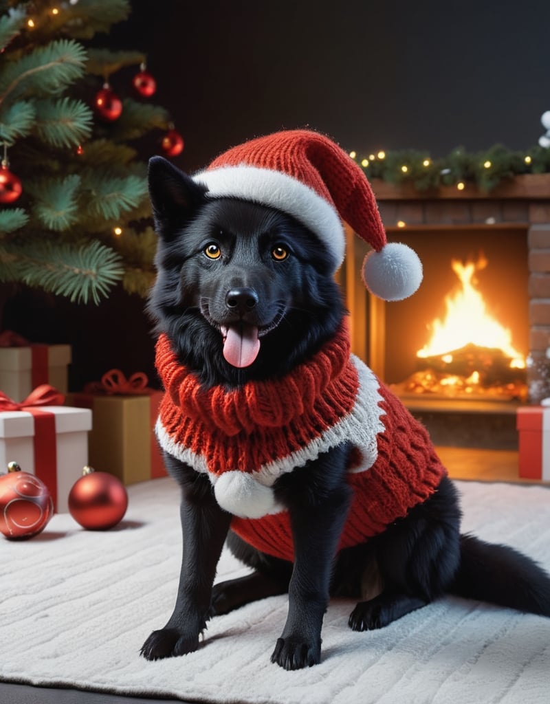 a detailed view photo of a cute Santa Claus black wolf dog made of knitting,Tongue out,((dog looking at viewer,isolated on a plain night background)),snowman on the floor, hyper detailed, trending on artstation, sharp focus, studio photo,8K,masterpiece,best quality,high resolution,aesthetic portrait,ral-chrcrts,christmas,sweetscape