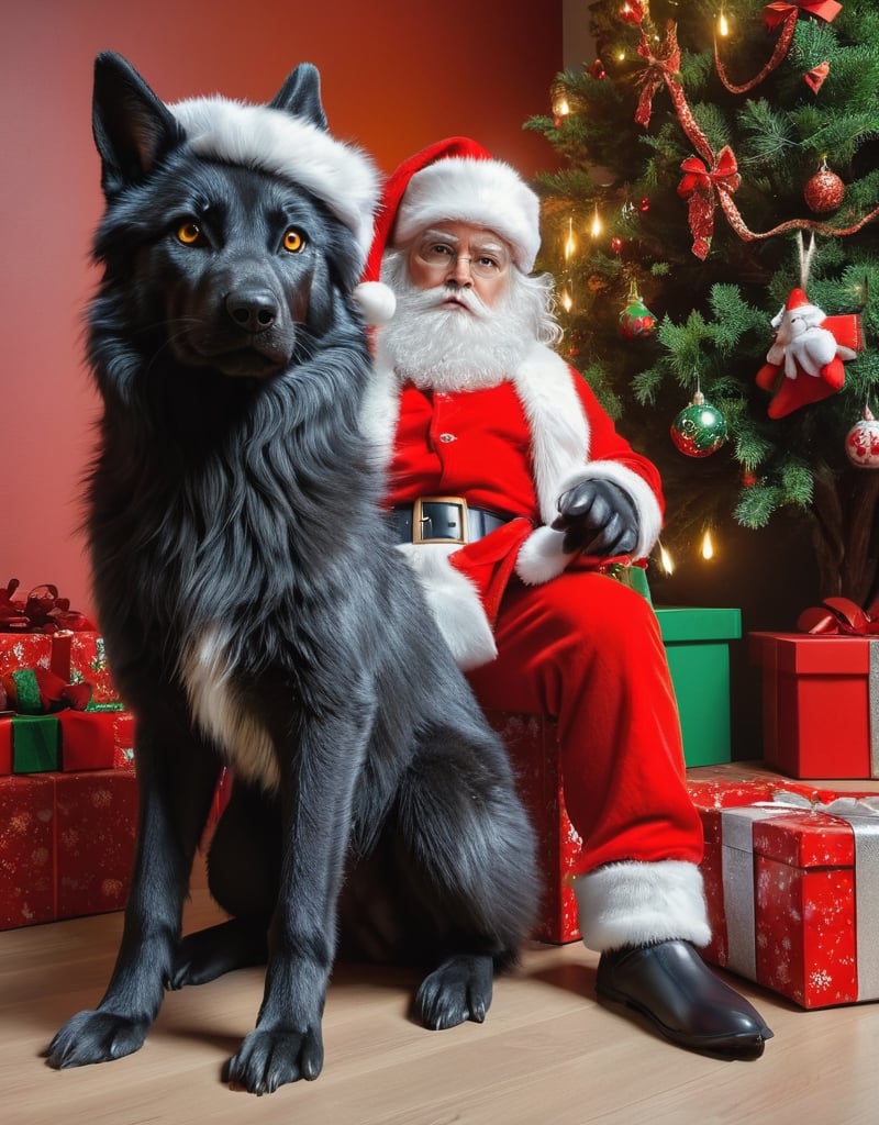 1dog,1rabbit,((a detailed view photo of a cute Santa Claus black wolf dog and a small Santa Claus grey lop-eared rabbit ,dog looking at viewer,christmas tree background,giftboxes on the floor,indoor)), hyper detailed, trending on artstation, sharp focus, studio photo,8K,masterpiece,best quality,high resolution,aesthetic portrait,ral-chrcrts,christmas,sweetscape,stuffed_rabbit,bunny_rabbit