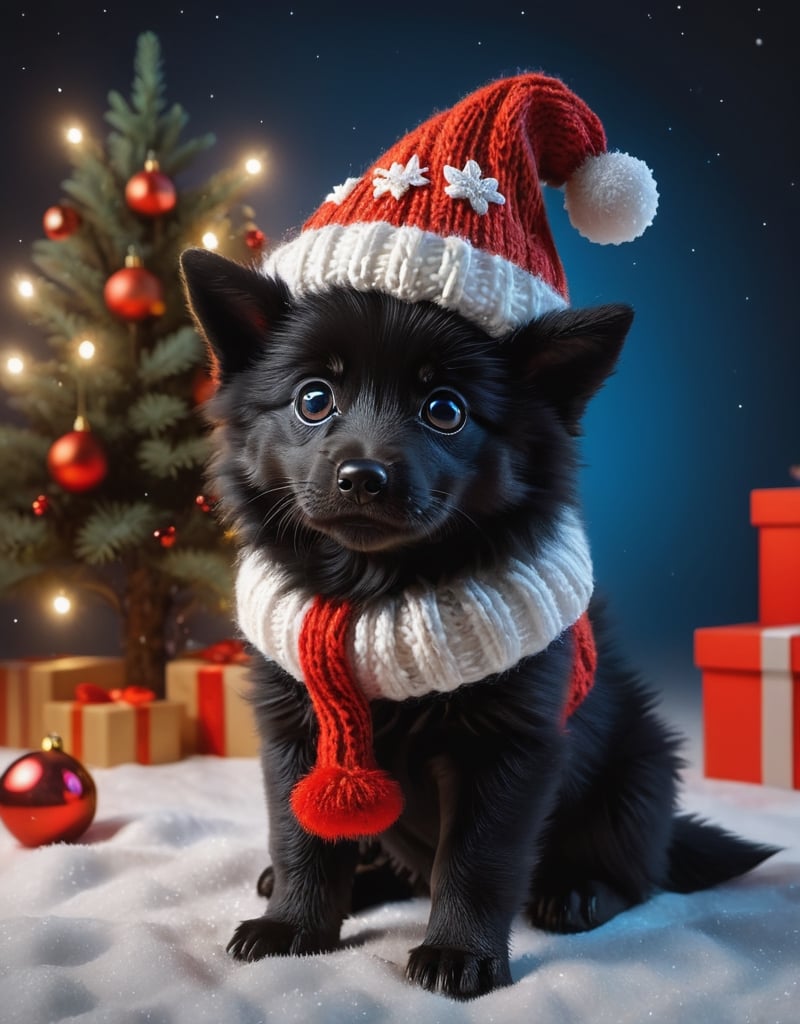 a detailed view photo of a cute Santa Claus black wolf dog made of knitting,Tongue out,((dog looking at viewer,isolated on a plain night background)),snowman on the floor, hyper detailed, trending on artstation, sharp focus, studio photo,8K,masterpiece,best quality,high resolution,aesthetic portrait,ral-chrcrts,christmas,sweetscape