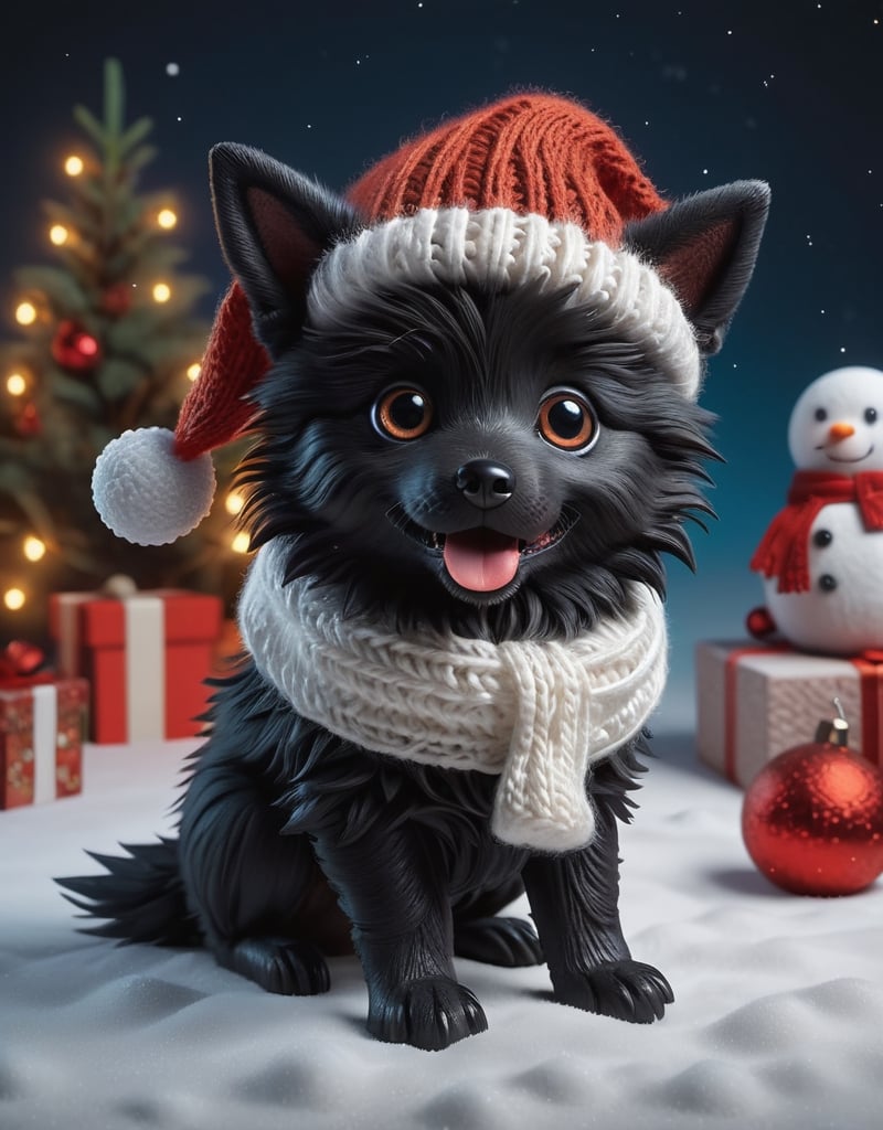 a detailed view photo of a chibi Santa Claus black wolf dog made of knitting,wild wolf dog,Tongue out,((isolated on a plain night background)),snowman on the floor, hyper detailed, trending on artstation, sharp focus, studio photo,8K,masterpiece,best quality,high resolution,aesthetic portrait,ral-chrcrts,christmas,sweetscape