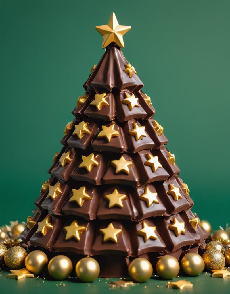 a detailed photo of a christmas tree made of chocolate ,golden stars decration on the chocolate christmas tree,(((isolated on a plain green background))),
macro photography, hyper detailed, trending on artstation, sharp focus, studio photo,8K,detailmaster2,christmas,cinematic  moviemaker style