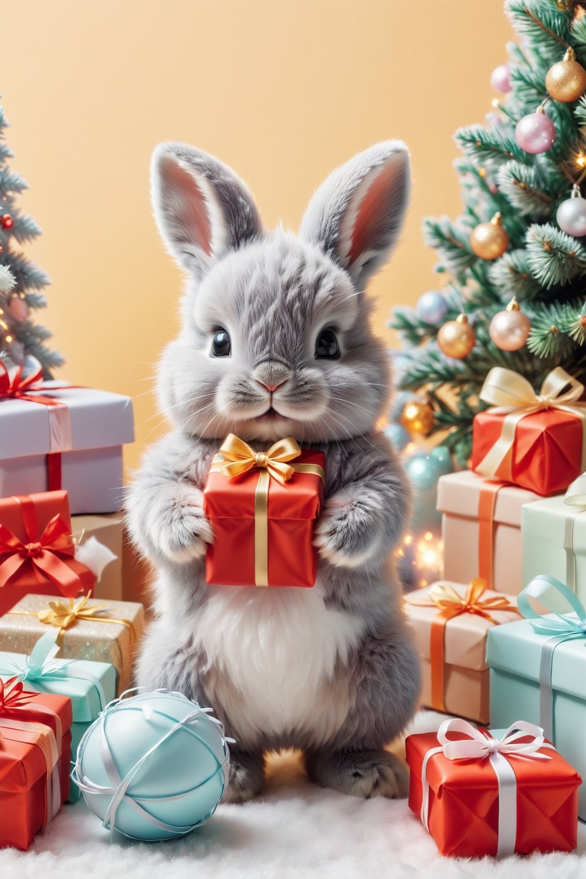 Fluffy baby grey bunny opening gifts for Christmas, pastel colors, complementary colors