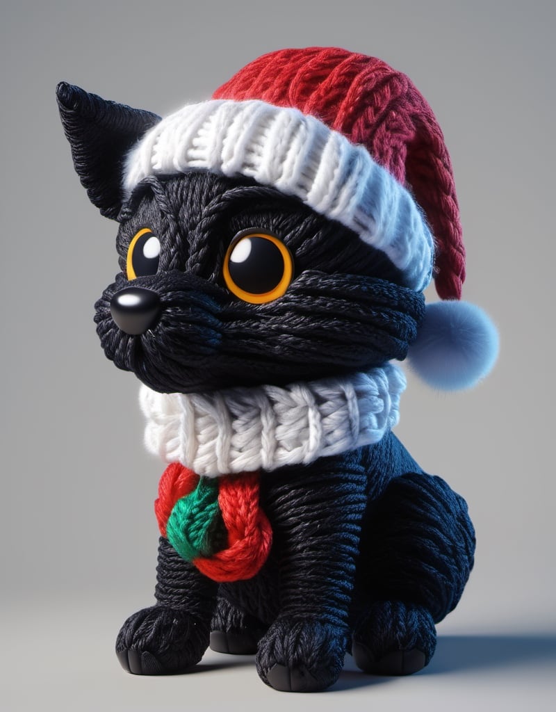 a detailed view photo of a chibi Santa Claus black wolf dog made of knitting,looking_at_viewer,Tongue out,((isolated on a plain night background)),hyper detailed, trending on artstation, sharp focus, studio photo,8K,masterpiece,best quality,high resolution,aesthetic portrait,ral-chrcrts,christmas,sweetscape,
