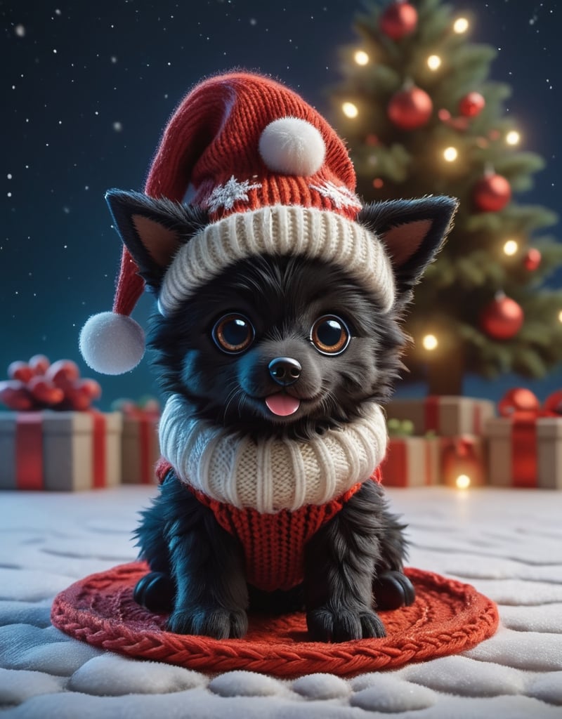 a detailed view photo of a chibi Santa Claus black wolf dog made of knitting,wild wolf dog,Tongue out,((isolated on a plain night background)),snowman on the floor, hyper detailed, trending on artstation, sharp focus, studio photo,8K,masterpiece,best quality,high resolution,aesthetic portrait,ral-chrcrts,christmas,sweetscape,looking_at_viewer