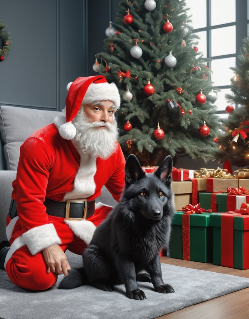 1dog,1rabbit,a detailed view photo of a cute Santa Claus black wolf dog and a cute Santa Claus grey rabbit ,((dog looking at viewer,christmas tree background,giftboxes on the floor,indoor)), hyper detailed, trending on artstation, sharp focus, studio photo,8K,masterpiece,best quality,high resolution,aesthetic portrait,ral-chrcrts,christmas,sweetscape,