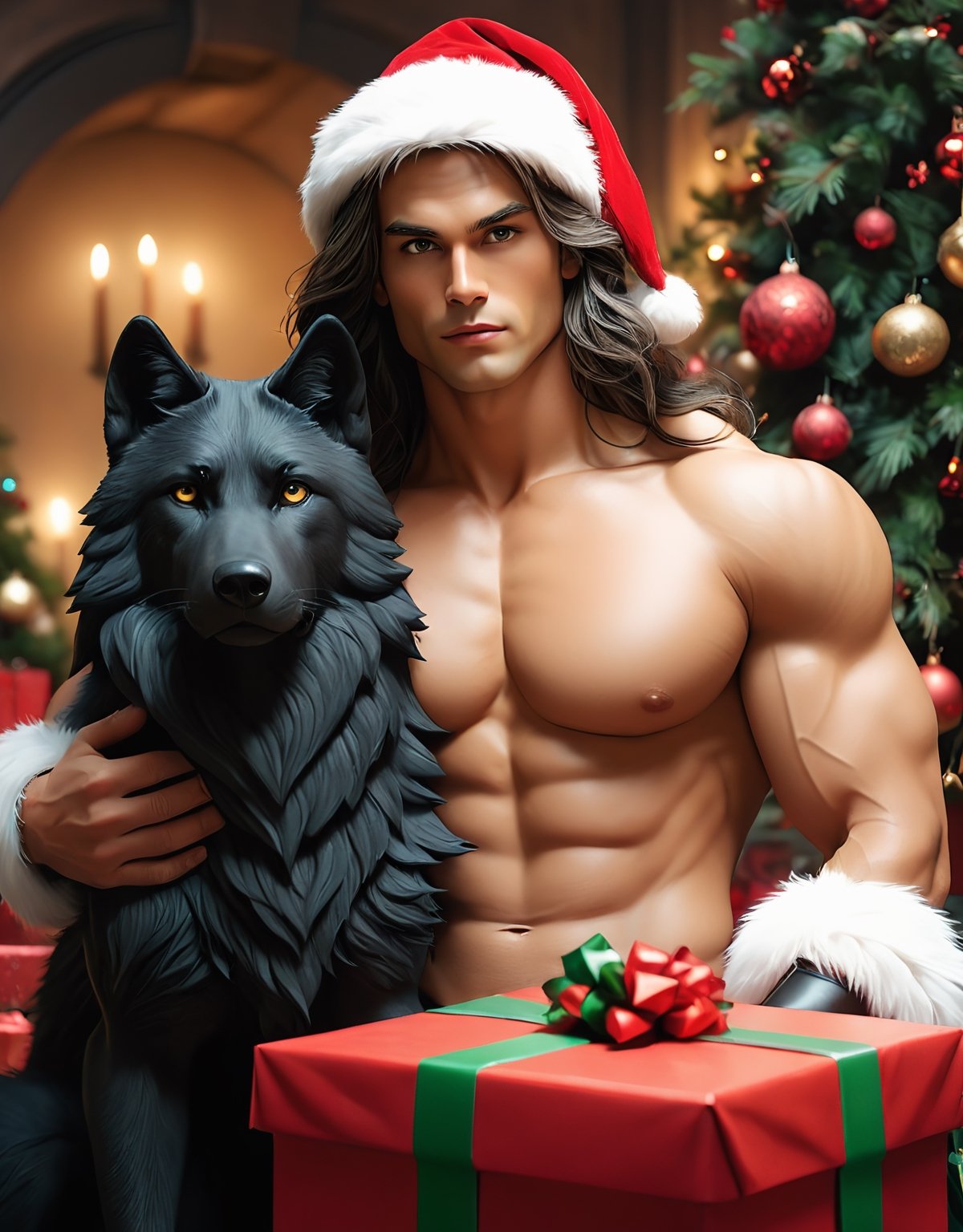 (((very long hair man :1.8,Long hair covering nipples,))),((a detailed view photo of a muscular Santa Claus  man and a cute black wolf dog,topless:2.8,long hair,christmas tree background,giftboxes on the floor,indoor)), hyper detailed, trending on artstation, sharp focus, studio photo,8K,masterpiece,best quality,high resolution,aesthetic portrait,christmas,sweetscape,Stylish,Movie Still,
