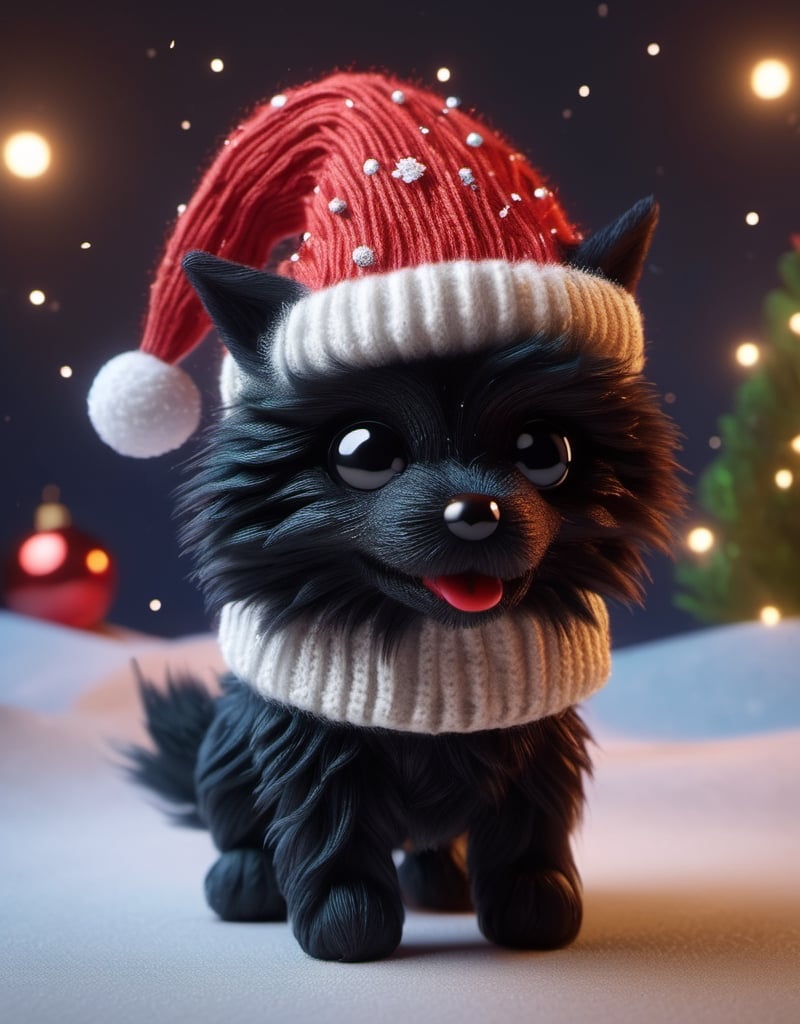 a detailed view photo of a chibi Santa Claus black wolf dog made of knitting,Tongue out,((isolated on a plain night background)),hyper detailed, trending on artstation, sharp focus, studio photo,8K,masterpiece,best quality,high resolution,aesthetic portrait,ral-chrcrts,christmas,sweetscape