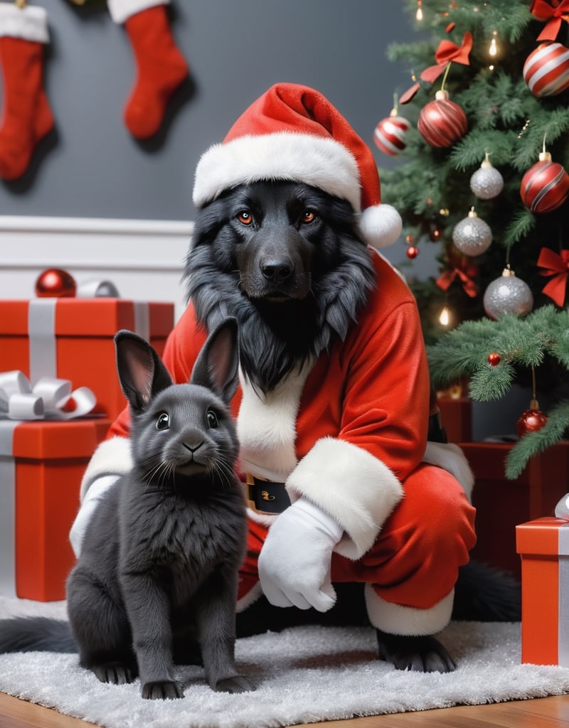 1dog,1rabbit,a detailed view photo of a cute Santa Claus black wolf dog and a Santa Claus grey rabbit ,((dog looking at viewer,christmas tree background,giftboxes on the floor,indoor)), hyper detailed, trending on artstation, sharp focus, studio photo,8K,masterpiece,best quality,high resolution,aesthetic portrait,ral-chrcrts,christmas,sweetscape,