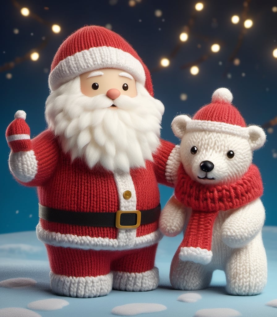 a detailed view photo of a cute Santa Claus man and a cutr polar bear made of knitting,((isolated on a plain night background)),hyper detailed, trending on artstation, sharp focus, studio photo,8K,masterpiece,best quality,high resolution,aesthetic portrait,ral-chrcrts,christmas,sweetscape