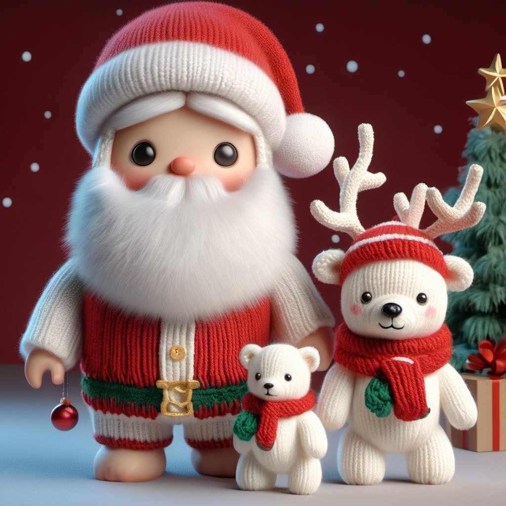 a detailed view photo of a cute Santa Claus man and a cute polar bear and a cute deer made of knitting,((isolated on a plain night background,3 characters)),hyper detailed, trending on artstation, sharp focus, studio photo,8K,masterpiece,best quality,high resolution,aesthetic portrait,ral-chrcrts,christmas,sweetscape