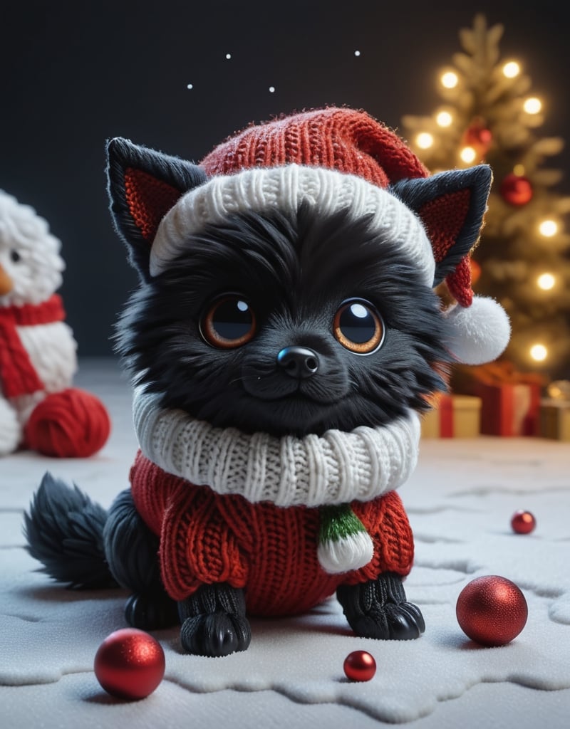 a detailed view photo of a chibi Santa Claus black wolf dog made of knitting,Tongue out,((isolated on a plain night background)),snowman on the floor, hyper detailed, trending on artstation, sharp focus, studio photo,8K,masterpiece,best quality,high resolution,aesthetic portrait,ral-chrcrts,christmas,sweetscape,looking_at_viewer