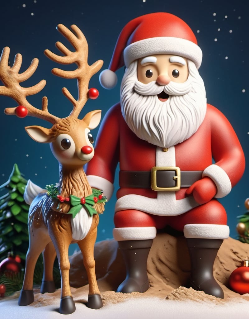 a detailed view photo of a cute Santa Claus and deer made of Mud glue,simple_night background,hyper detailed, trending on artstation, sharp focus, studio photo,8K,masterpiece,best quality,high resolution,
Design a spectacular Merry Christmas text featuring intricate details. Write 'Merry Christmas'  in the picture,