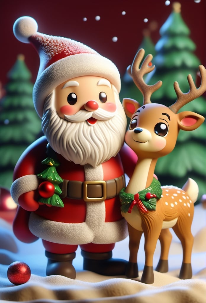 a detailed view photo of a cute Santa Claus and deer made of Mud glue,simple_night background,hyper detailed, trending on artstation, sharp focus, studio photo,8K,masterpiece,best quality,high resolution,
Design a spectacular Merry Christmas text featuring intricate details. Write 'Merry Christmas'  in the picture,
