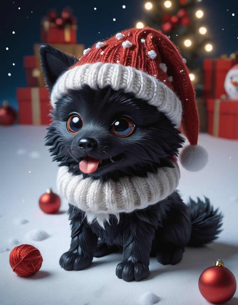 a detailed view photo of a chibi Santa Claus black wolf dog made of knitting,Tongue out,((isolated on a plain night background)),snowman on the floor, hyper detailed, trending on artstation, sharp focus, studio photo,8K,masterpiece,best quality,high resolution,aesthetic portrait,ral-chrcrts,christmas,sweetscape,looking_at_viewer