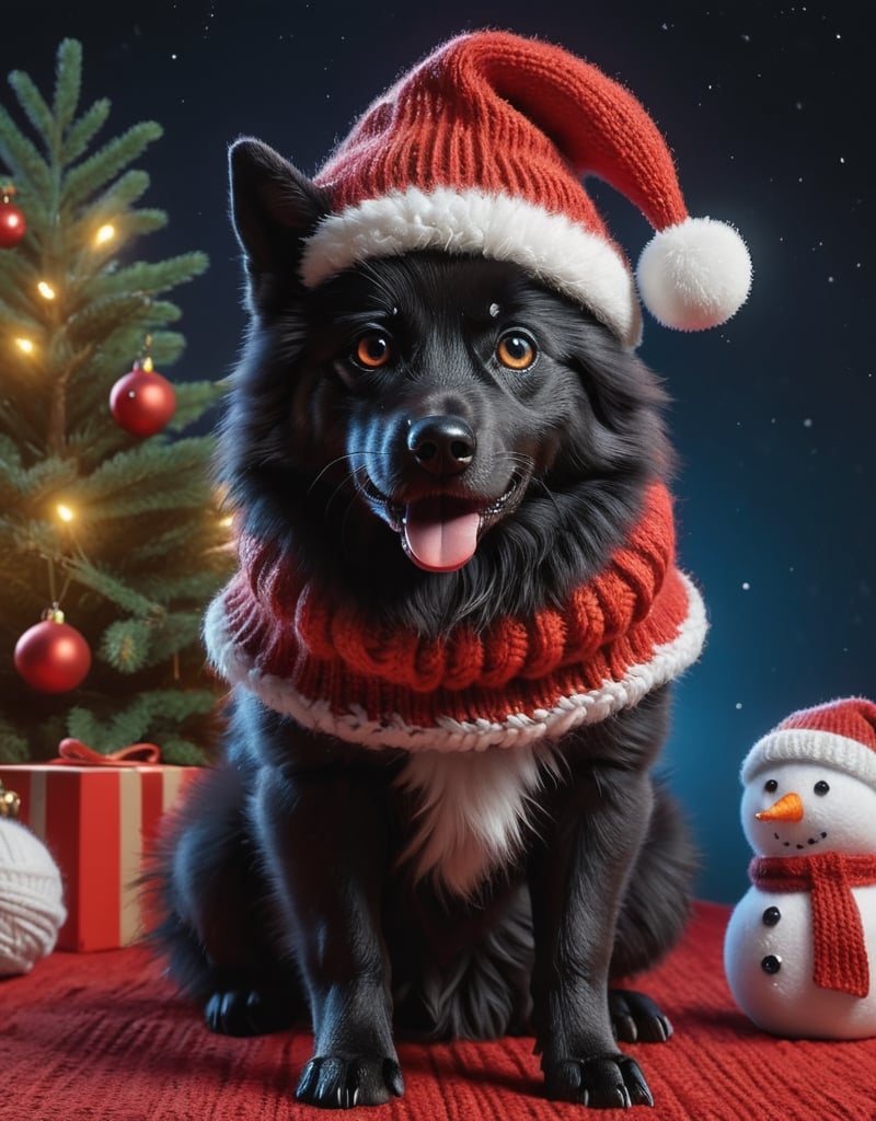 a detailed view photo of a cute Santa Claus black wolf dog made of knitting,Tongue out,((dog looking at viewer,isolated on a plain night background)),snowman on the floor, hyper detailed, trending on artstation, sharp focus, studio photo,8K,masterpiece,best quality,high resolution,aesthetic portrait,ral-chrcrts,christmas,sweetscape