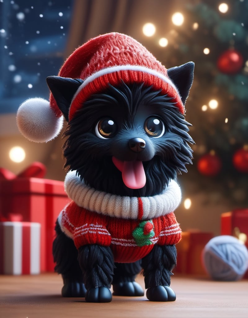 a detailed view photo of a chibi Santa Claus black wolf dog made of knitting,Tongue out,((isolated on a plain night background)),hyper detailed, trending on artstation, sharp focus, studio photo,8K,masterpiece,best quality,high resolution,aesthetic portrait,ral-chrcrts,christmas,sweetscape