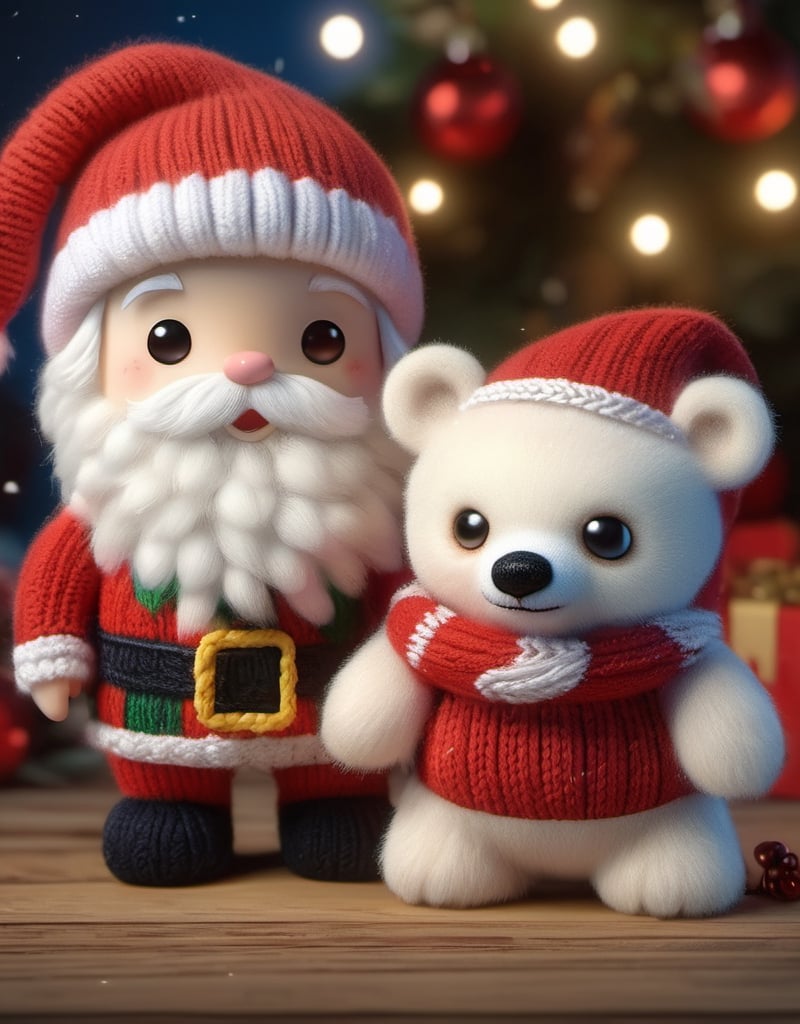 a detailed view photo of a cute Santa Claus man and a cutr polar bear made of knitting,((isolated on a plain night background)),hyper detailed, trending on artstation, sharp focus, studio photo,8K,masterpiece,best quality,high resolution,aesthetic portrait,ral-chrcrts,christmas,sweetscape