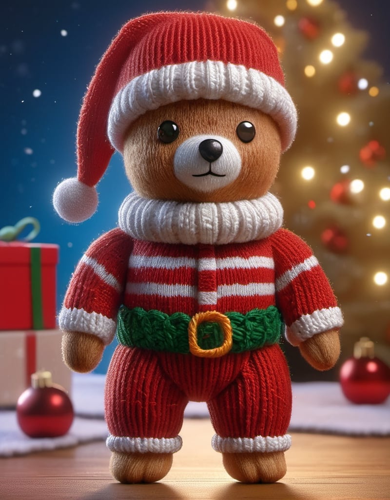 a detailed view photo of a chibi Santa Claus bear made of knitting,((isolated on a plain night background)),hyper detailed, trending on artstation, sharp focus, studio photo,8K,masterpiece,best quality,high resolution,aesthetic portrait,ral-chrcrts,christmas,sweetscape