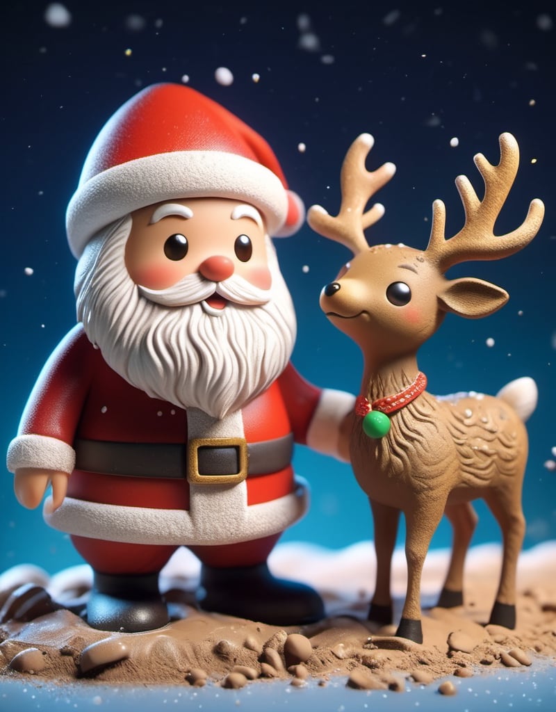 a detailed view photo of a cute Santa Claus and deer made of Mud glue,simple_night background,hyper detailed, trending on artstation, sharp focus, studio photo,8K,masterpiece,best quality,high resolution,
