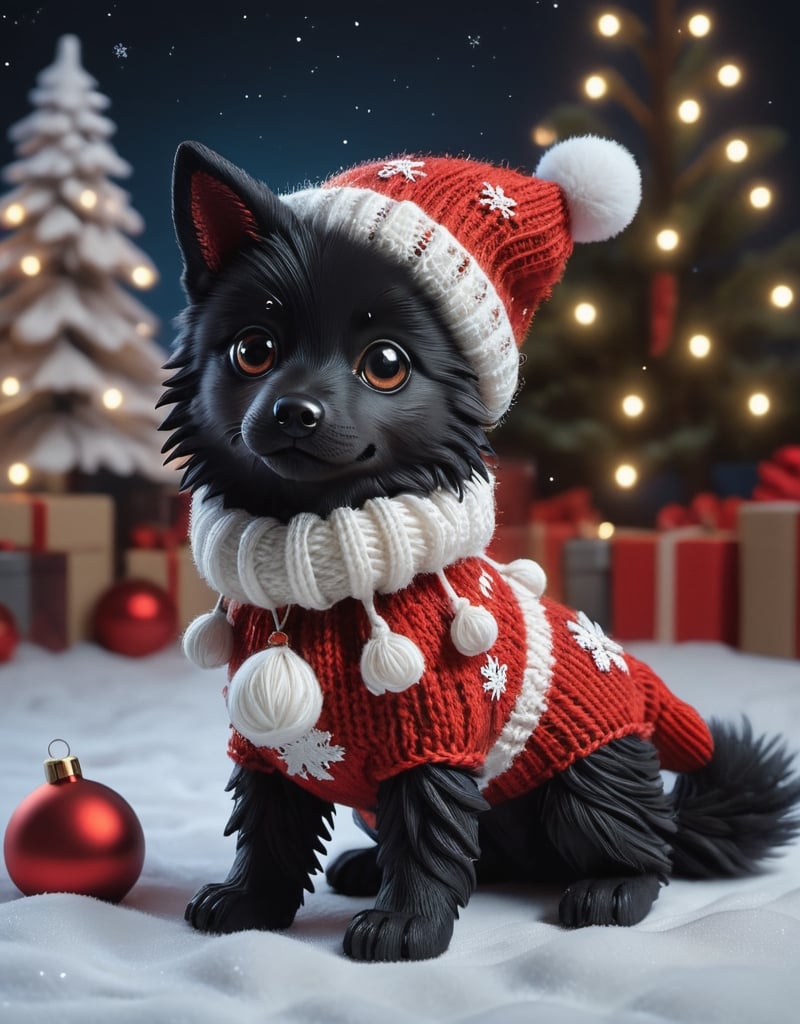 a detailed view photo of a chibi Santa Claus black wolf dog made of knitting,wild wolf dog,Tongue out,((isolated on a plain night background)),snowman on the floor, hyper detailed, trending on artstation, sharp focus, studio photo,8K,masterpiece,best quality,high resolution,aesthetic portrait,ral-chrcrts,christmas,sweetscape,looking_at_viewer