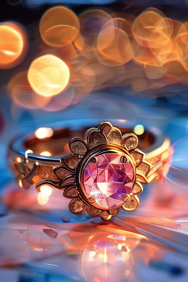 a pink ring with intricate gold adornment and has many details that adorn and embellish the ring, sparkle, glow blur background, decorated placement
