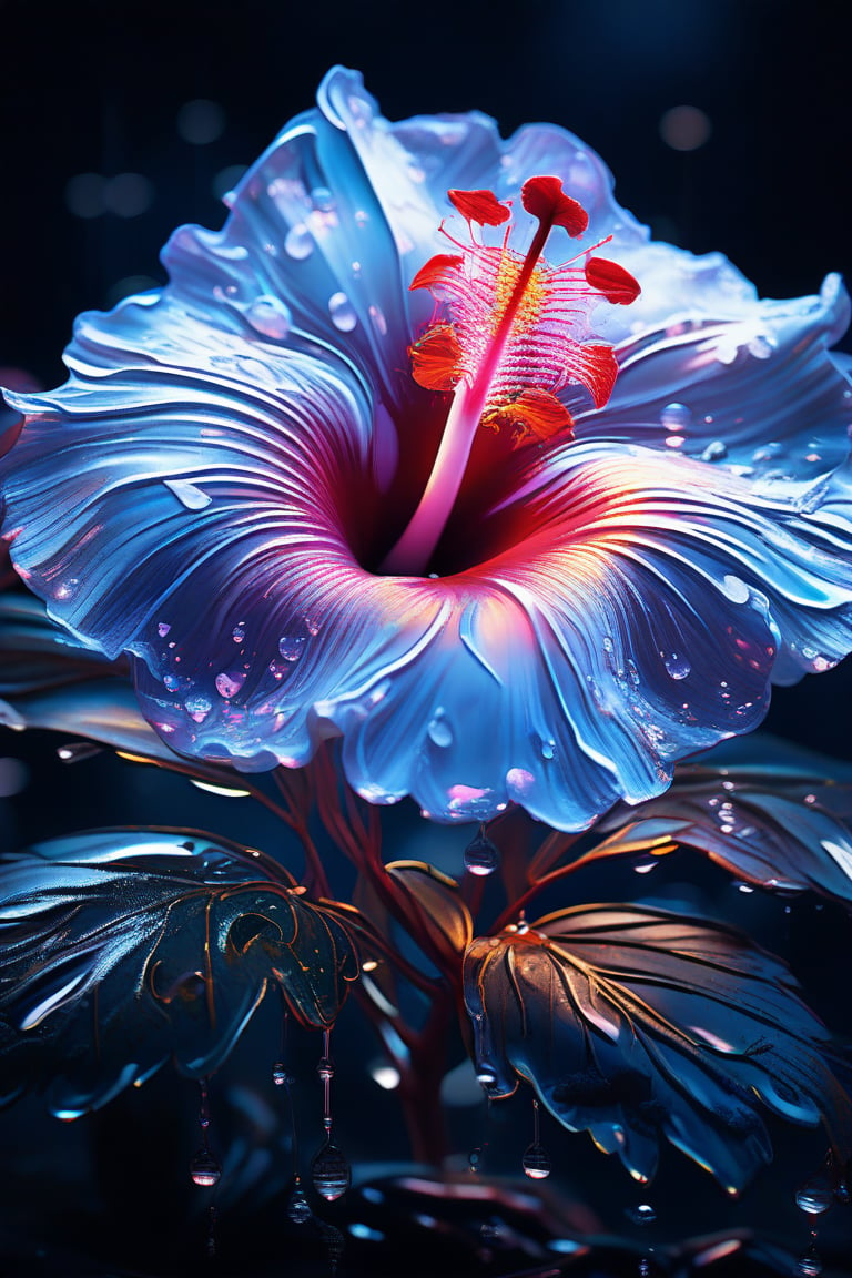 masterpiece, 8k, HDR, best quality, (highly detailed skin), photography, analog style, real life, extremely beautiful, (highly detailed, intricately detailed), (alluring eyes), depiction of a bioluminescent flower with bright, sharp, staring eyes, hibiscus's petals attached to water droplets, mimics the texture seen in sculptural artwork, delicate combination of oil and marker lines on cracked epoxy glass, ultra-fine illumination, highly stylized and dramatic, (3D) image