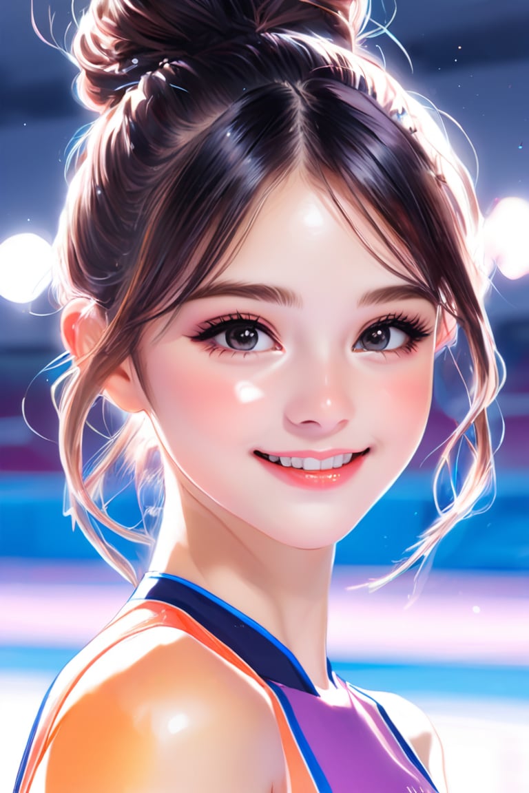 ek_art_b00ster, a pencil sketch of 1girl in pastel art blended with alcohol ink style, dark long hair, chignon, kind smile, a mesmerizing beautiful face, rhythmic gymnastics uniform, unreal engine rendering, masterpiece, best quality