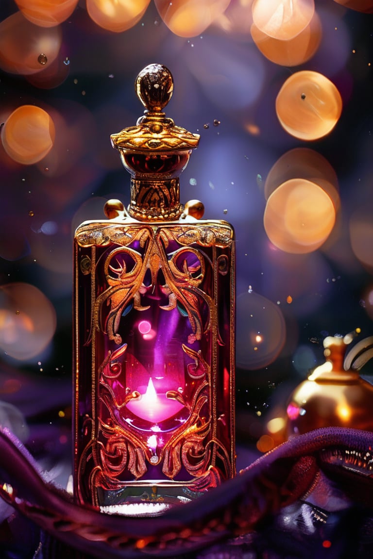 a magenta rectangular potion with intricate gold adornment, sparkle, glow blur background, decorated placement
