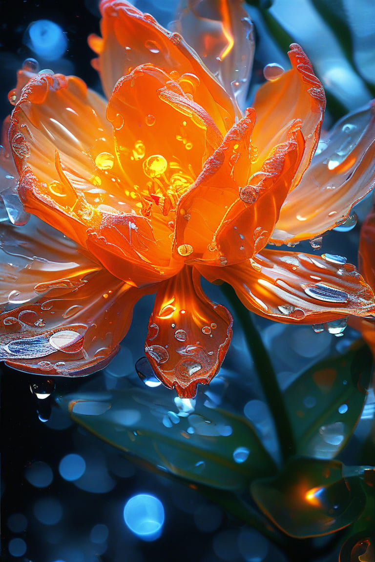 masterpiece, 8k, HDR, best quality, (highly detailed skin), photography, analog style, real life, extremely beautiful, (highly detailed, intricately detailed), (alluring eyes), depiction of a bioluminescent flower with bright, sharp, staring eyes, tangerine's petals attached to water droplets, mimics the texture seen in sculptural artwork, delicate combination of oil and marker lines on cracked epoxy glass, ultra-fine illumination, highly stylized and dramatic, (3D) image