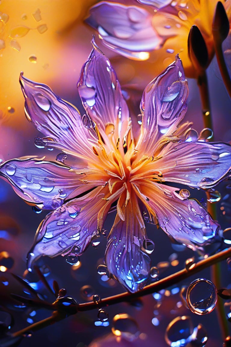 masterpiece, 8k, HDR, best quality, (highly detailed skin), photography, analog style, real life, extremely beautiful, (highly detailed, intricately detailed), (alluring eyes), depiction of a bioluminescent flower with bright, sharp, staring eyes, lavender's petals attached to water droplets, mimics the texture seen in sculptural artwork, delicate combination of oil and marker lines on cracked epoxy glass, ultra-fine illumination, highly stylized and dramatic, (3D) image