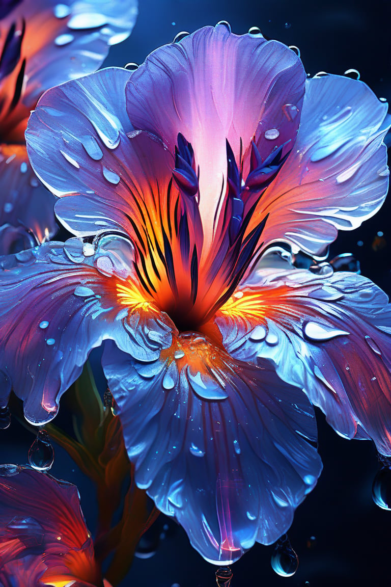 masterpiece, 8k, HDR, best quality, (highly detailed skin), photography, analog style, real life, extremely beautiful, (highly detailed, intricately detailed), (alluring eyes), depiction of a bioluminescent flower with bright, sharp, staring eyes, Iris's petals attached to water droplets, mimics the texture seen in sculptural artwork, delicate combination of oil and marker lines on cracked epoxy glass, ultra-fine illumination, highly stylized and dramatic, (3D) image