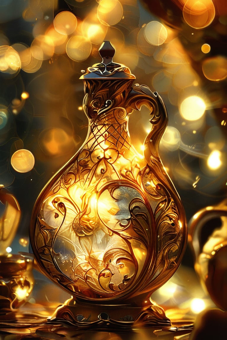 a gold potion with intricate gold adornment, sparkle, glow blur background, decorated placement
