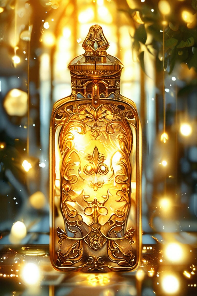 a gold rectangular potion with intricate gold adornment, sparkle, glow blur background, decorated placement
