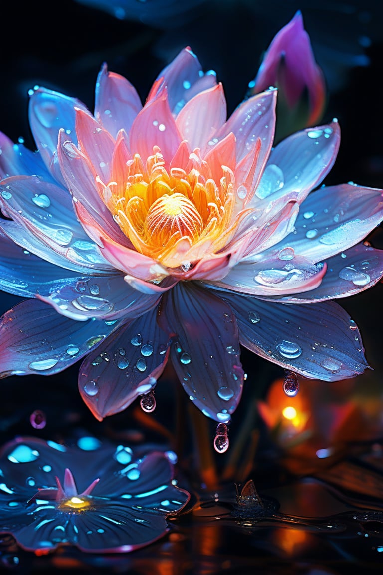 masterpiece, 8k, HDR, best quality, (highly detailed skin), photography, analog style, real life, extremely beautiful, (highly detailed, intricately detailed), (alluring eyes), depiction of a bioluminescent flower with bright, sharp, staring eyes, lotus's petals attached to water droplets, mimics the texture seen in sculptural artwork, delicate combination of oil and marker lines on cracked epoxy glass, ultra-fine illumination, highly stylized and dramatic, (3D) image