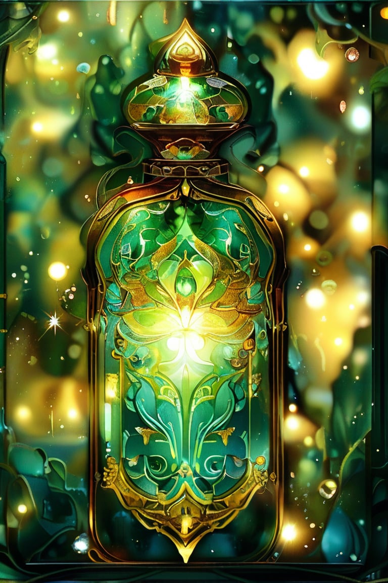 a verdant rectangular potion with intricate gold adornment, sparkle, glow blur background, decorated placement
