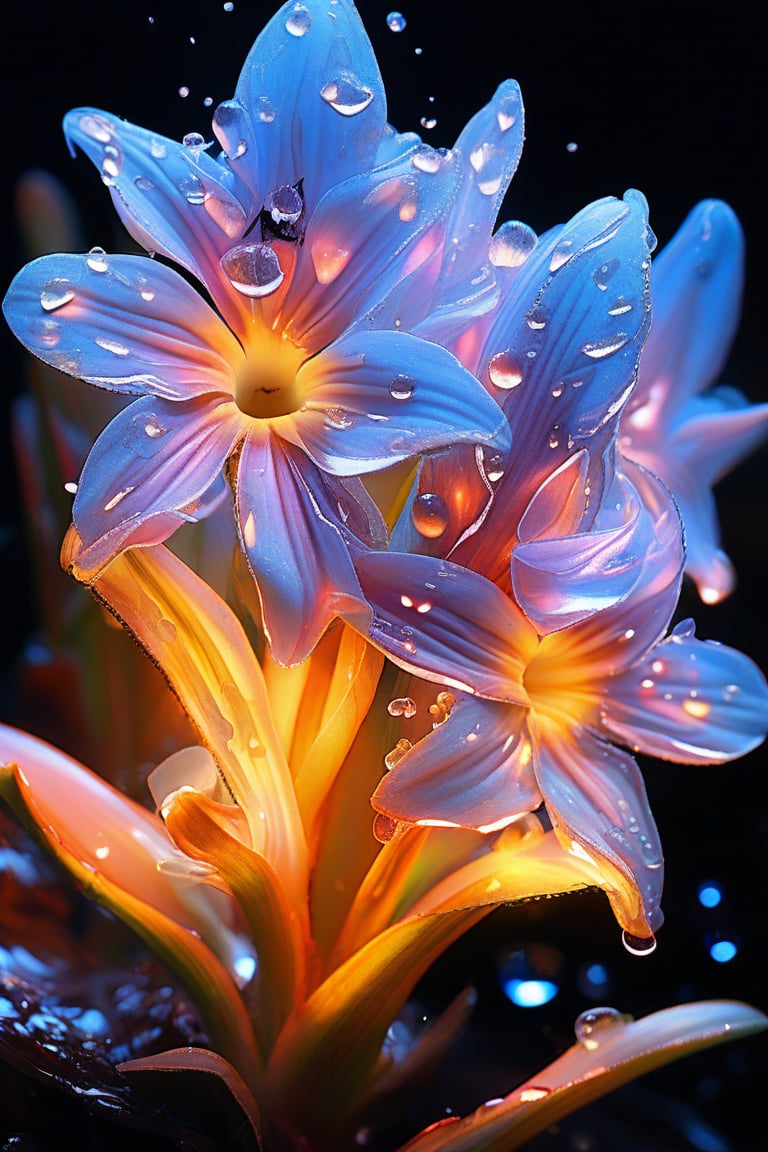 masterpiece, 8k, HDR, best quality, (highly detailed skin), photography, analog style, real life, extremely beautiful, (highly detailed, intricately detailed), (alluring eyes), depiction of a bioluminescent flower with bright, sharp, staring eyes, hyacinth's petals attached to water droplets, mimics the texture seen in sculptural artwork, delicate combination of oil and marker lines on cracked epoxy glass, ultra-fine illumination, highly stylized and dramatic, (3D) image