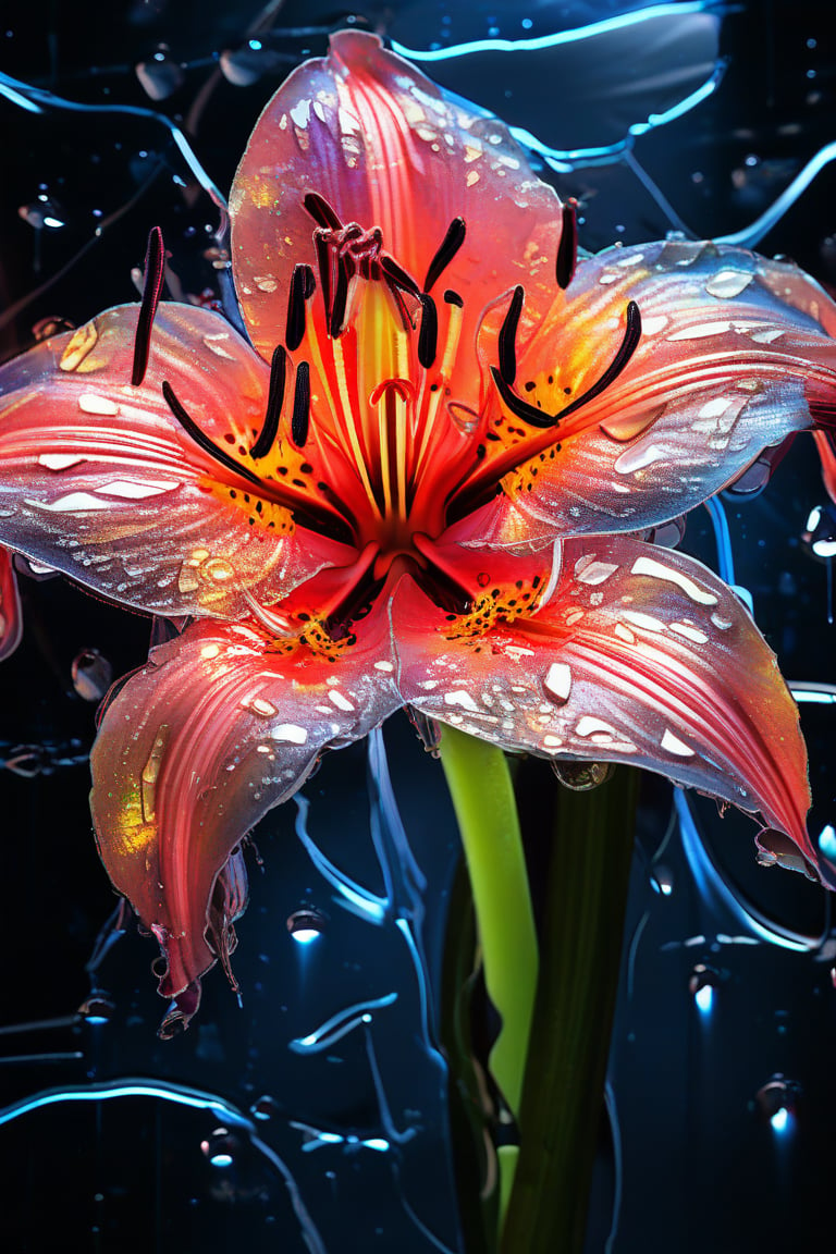 masterpiece, 8k, HDR, best quality, (highly detailed skin), photography, analog style, real life, extremely beautiful, (highly detailed, intricately detailed), (alluring eyes), depiction of a bioluminescent flower with bright, sharp, staring eyes, amaryllis's petals attached to water droplets, mimics the texture seen in sculptural artwork, delicate combination of oil and marker lines on cracked epoxy glass, ultra-fine illumination, highly stylized and dramatic, (3D) image